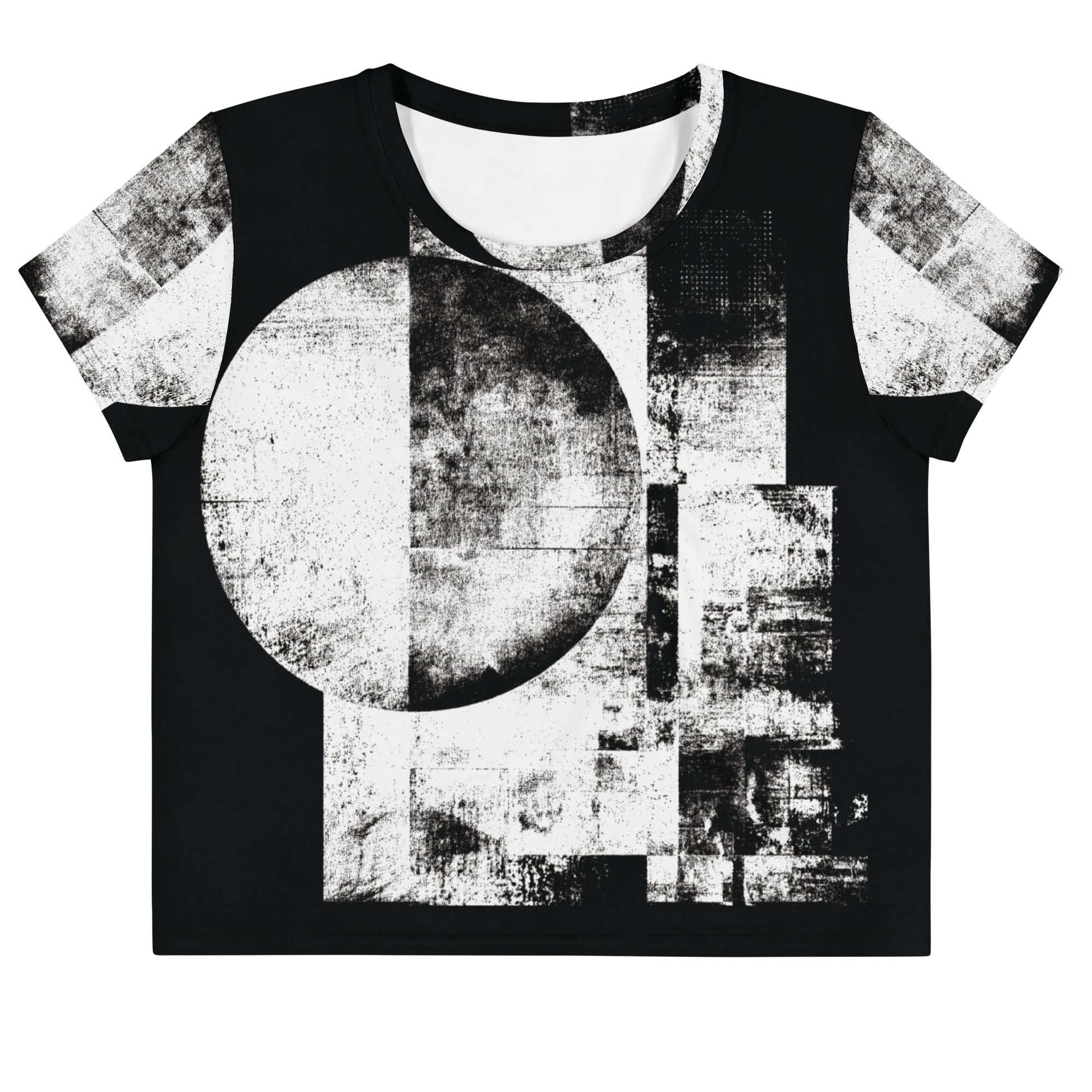 Front view of Women's Era Stamp (No.09) crop top with bold black and white geometries, distressed ink texture, crew neck, short sleeves.