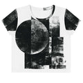 Front view of Women's Era Stamp (No.10) crop top with bold black and white geometries, distressed ink texture, crew neck, short sleeves.