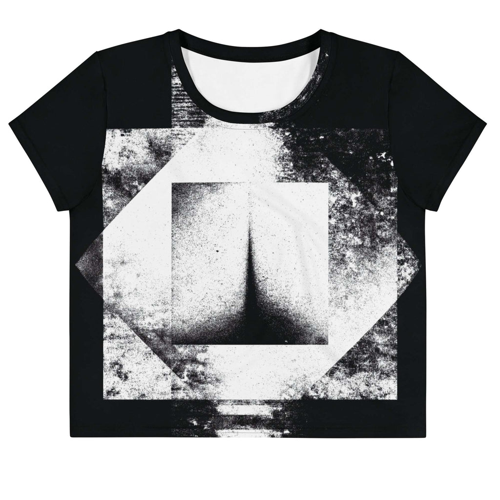 Front view of Women's Era Stamp (No.11) crop top with bold black and white geometries, distressed ink texture, crew neck, short sleeves.