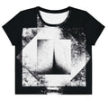 Front view of Women's Era Stamp (No.11) crop top with bold black and white geometries, distressed ink texture, crew neck, short sleeves.