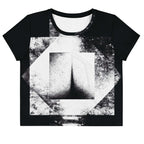 Front view of Women's Era Stamp (No.11) crop top with bold black and white geometries, distressed ink texture, crew neck, short sleeves.