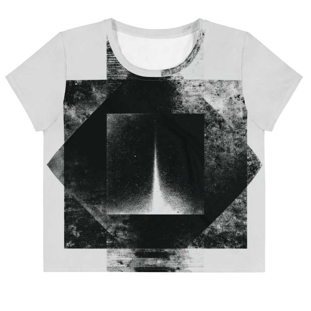 Front view of Women's Era Stamp (No.12) crop top with bold black and white geometries, distressed ink texture, crew neck, short sleeves.