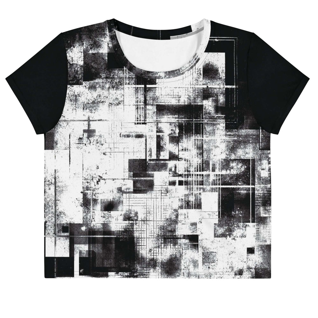 Front view of Women's Era Stamp (No.13) crop top with bold black and white geometries, distressed ink texture, crew neck, short sleeves.