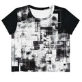 Front view of Women's Era Stamp (No.13) crop top with bold black and white geometries, distressed ink texture, crew neck, short sleeves.