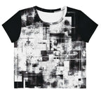 Front view of Women's Era Stamp (No.13) crop top with bold black and white geometries, distressed ink texture, crew neck, short sleeves.