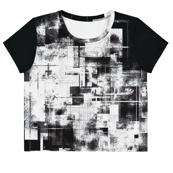 Front view of Women's Era Stamp (No.13) crop top with bold black and white geometries, distressed ink texture, crew neck, short sleeves.