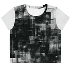 Front view of Women's Era Stamp (No.14) crop top with bold black and white geometries, distressed ink texture, crew neck, short sleeves.
