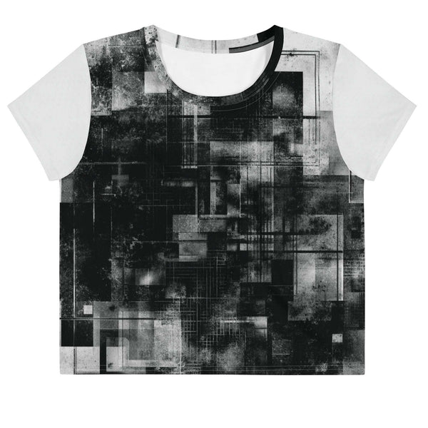 Front view of Women's Era Stamp (No.14) crop top with bold black and white geometries, distressed ink texture, crew neck, short sleeves.