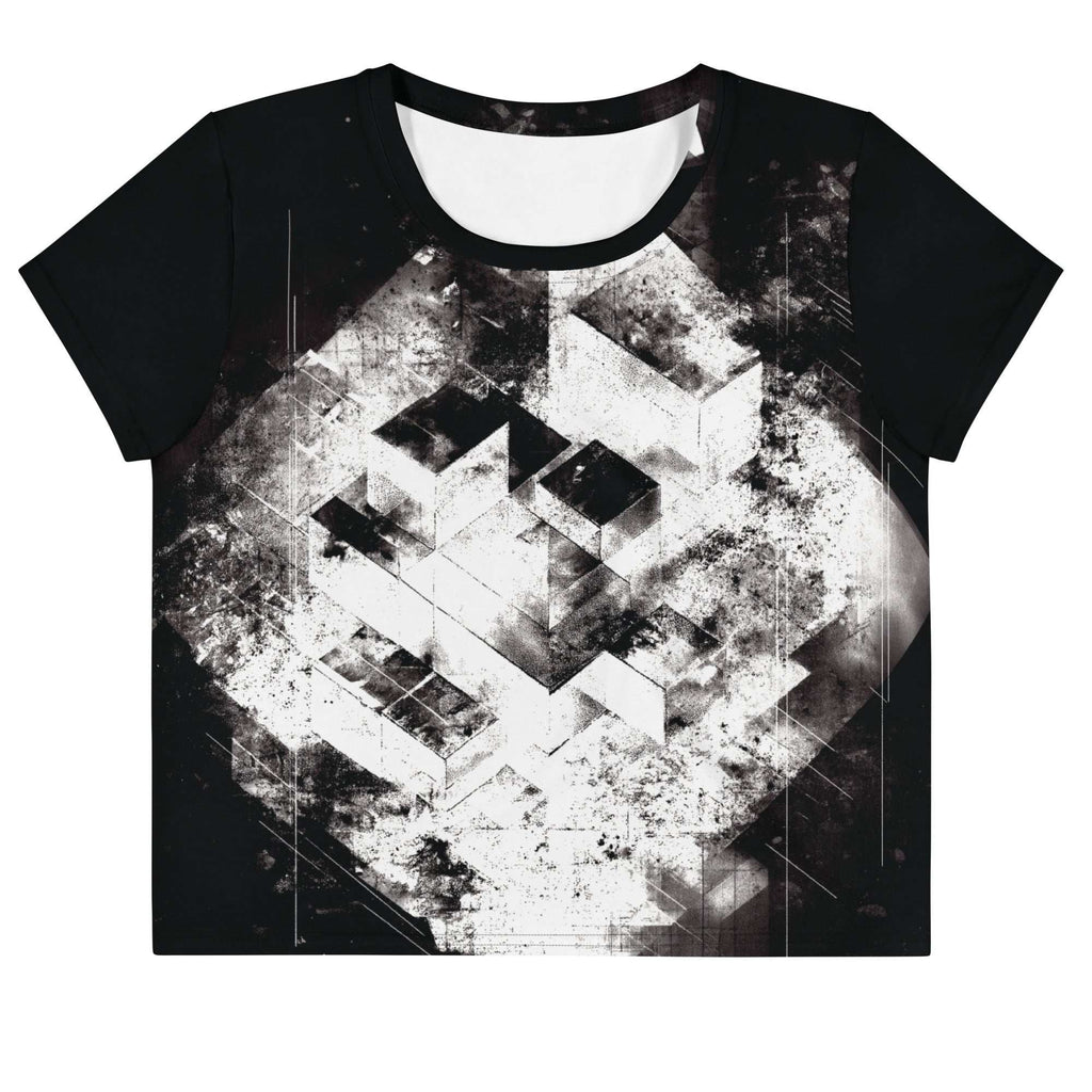 Front view of Women's Era Stamp (No.15) crop top with bold black and white geometries, distressed ink texture, crew neck, short sleeves.