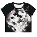 Front view of Women's Era Stamp (No.15) crop top with bold black and white geometries, distressed ink texture, crew neck, short sleeves.