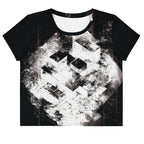 Front view of Women's Era Stamp (No.15) crop top with bold black and white geometries, distressed ink texture, crew neck, short sleeves.