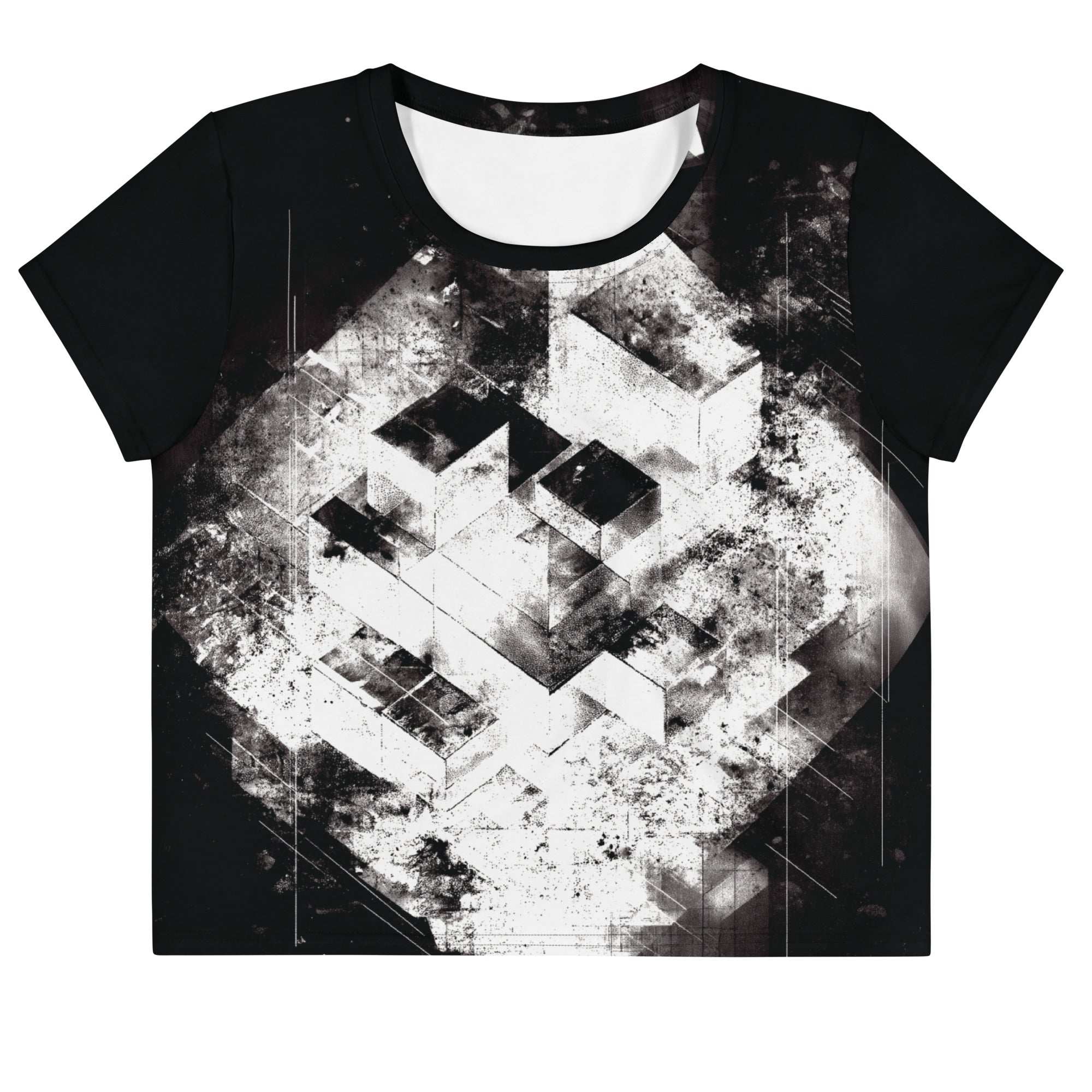 Front view of Women's Era Stamp (No.15) crop top with bold black and white geometries, distressed ink texture, crew neck, short sleeves.