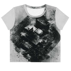 Front view of Women's Era Stamp (No.16) crop top with bold black and white geometries, distressed ink texture, crew neck, short sleeves.