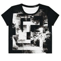Front view of Women's Era Stamp (No.17) crop top with bold black and white geometries, distressed ink texture, crew neck, short sleeves.