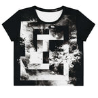Front view of Women's Era Stamp (No.17) crop top with bold black and white geometries, distressed ink texture, crew neck, short sleeves.