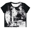 Front view of Women's Era Stamp (No.19) crop top with bold black and white geometries, distressed ink texture, crew neck, short sleeves.