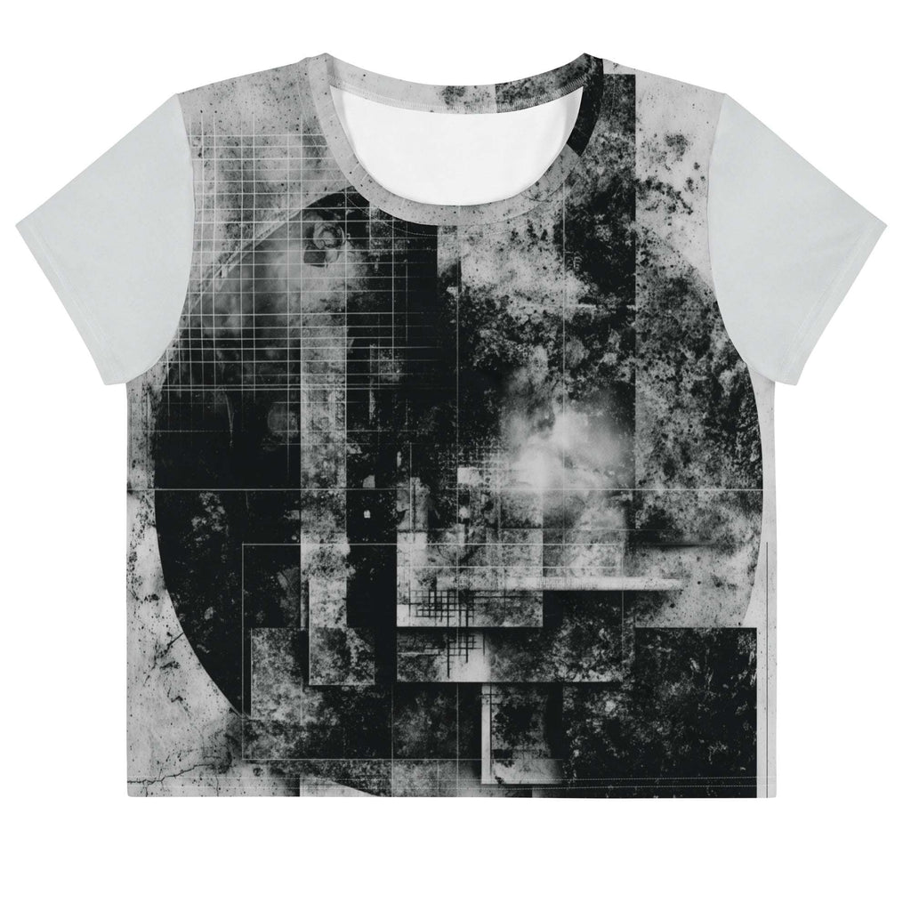 Front view of Women's Era Stamp (No.20) crop top with bold black and white geometries, distressed ink texture, crew neck, short sleeves.