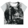 Front view of Women's Era Stamp (No.20) crop top with bold black and white geometries, distressed ink texture, crew neck, short sleeves.