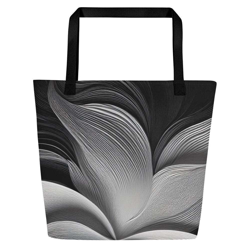 Back view of Silver Bloom Tote Bag featuring bold dark-to-light greyscale Silver Bloom wave pattern, full-coverage all-over print and clean minimalist silhouette – statement monochrome designer-infused tote bag from Form Finding Design.