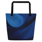 Sky & Sea Tote Bag by Form Finding Design, minimalist rectangular designer tote bag with a soft sky-and-sea inspired abstract print on the front panel and long shoulder handles on a neutral background.