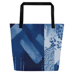 Sky & Sea Tote Bag (No.02) by Form Finding Design, minimalist rectangular designer tote bag with a soft sky-and-sea inspired abstract print on the front panel and long shoulder handles on a neutral background.