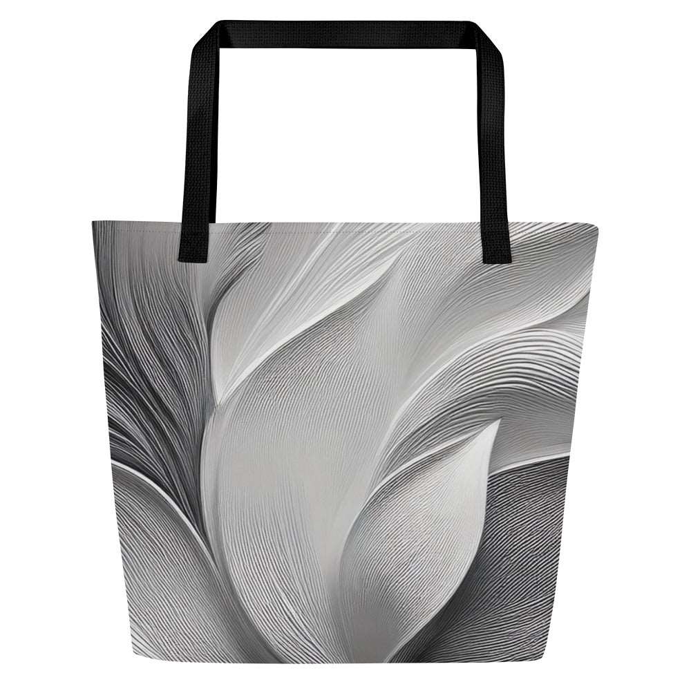Silver Bloom Tote Bag by Form Finding Design – front view of large greyscale ‘Silver Bloom Tote Collective’ beach tote bag with abstract curved line texture, black straps and all-over designer-infused print, minimalist monochrome art fashion accessory.