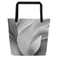 Silver Bloom Tote Bag by Form Finding Design – front view of large greyscale ‘Silver Bloom Tote Collective’ beach tote bag with abstract curved line texture, black straps and all-over designer-infused print, minimalist monochrome art fashion accessory.