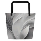 Silver Bloom Tote Bag by Form Finding Design – front view of large greyscale ‘Silver Bloom Tote Collective’ beach tote bag with abstract curved line texture, black straps and all-over designer-infused print, minimalist monochrome art fashion accessory.