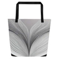 Silver Bloom Tote Bag (No.02) by Form Finding Design – front view of large greyscale ‘Silver Bloom Tote Collective’ beach tote bag with abstract curved line texture, black straps and all-over designer-infused print, minimalist monochrome art fashion accessory.