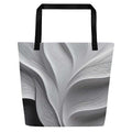 Silver Bloom Tote Bag (No.03) by Form Finding Design – front view of large greyscale ‘Silver Bloom Tote Collective’ beach tote bag with abstract curved line texture, black straps and all-over designer-infused print, minimalist monochrome art fashion accessory.