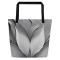 Silver Bloom Tote Bag (No.04) by Form Finding Design – front view of large greyscale ‘Silver Bloom Tote Collective’ beach tote bag with abstract curved line texture, black straps and all-over designer-infused print, minimalist monochrome art fashion accessory.