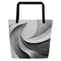 Silver Bloom Tote Bag (No.05) by Form Finding Design – front view of large greyscale ‘Silver Bloom Tote Collective’ beach tote bag with abstract curved line texture, black straps and all-over designer-infused print, minimalist monochrome art fashion accessory.