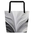 Silver Bloom Tote Bag (No.06) by Form Finding Design – front view of large greyscale ‘Silver Bloom Tote Collective’ beach tote bag with abstract curved line texture, black straps and all-over designer-infused print, minimalist monochrome art fashion accessory.