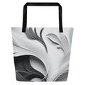 Silver Bloom Tote Bag (No.07) by Form Finding Design – front view of large greyscale ‘Silver Bloom Tote Collective’ beach tote bag with abstract curved line texture, black straps and all-over designer-infused print, minimalist monochrome art fashion accessory.