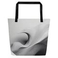 Silver Bloom Tote Bag (No.09) by Form Finding Design – front view of large greyscale ‘Silver Bloom Tote Collective’ beach tote bag with abstract curved line texture, black straps and all-over designer-infused print, minimalist monochrome art fashion accessory.