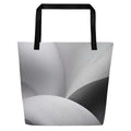 Silver Bloom Tote Bag (No.10) by Form Finding Design – front view of large greyscale ‘Silver Bloom Tote Collective’ beach tote bag with abstract curved line texture, black straps and all-over designer-infused print, minimalist monochrome art fashion accessory.