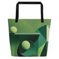 Front view of EcoCanvas Tote Bag ‘EcoCanvas Tote Collective’ by Form Finding Design – large green designer eco canvas tote bag with abstract layered line artwork in soft forest greens, black cotton webbing straps and spacious silhouette, modern reusable beach and everyday carry bag.