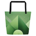 Front view of EcoCanvas Tote Bag (No.02) ‘EcoCanvas Tote Collective’ by Form Finding Design – large green designer eco canvas tote bag with abstract layered line artwork in soft forest greens, black cotton webbing straps and spacious silhouette, modern reusable beach and everyday carry bag.