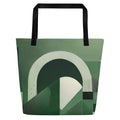 Front view of EcoCanvas Tote Bag (No.03) ‘EcoCanvas Tote Collective’ by Form Finding Design – large green designer eco canvas tote bag with abstract layered line artwork in soft forest greens, black cotton webbing straps and spacious silhouette, modern reusable beach and everyday carry bag.