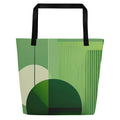 Front view of EcoCanvas Tote Bag (No.04) ‘EcoCanvas Tote Collective’ by Form Finding Design – large green designer eco canvas tote bag with abstract layered line artwork in soft forest greens, black cotton webbing straps and spacious silhouette, modern reusable beach and everyday carry bag.