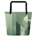 Front view of EcoCanvas Tote Bag (No.06) ‘EcoCanvas Tote Collective’ by Form Finding Design – large green designer eco canvas tote bag with abstract layered line artwork in soft forest greens, black cotton webbing straps and spacious silhouette, modern reusable beach and everyday carry bag.