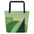 Front view of EcoCanvas Tote Bag (No.08) ‘EcoCanvas Tote Collective’ by Form Finding Design – large green designer eco canvas tote bag with abstract layered line artwork in soft forest greens, black cotton webbing straps and spacious silhouette, modern reusable beach and everyday carry bag.