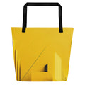 Front view of Lemon Balance Tote Bag by Form Finding Design – large yellow designer beach tote with bold geometric layered lemon-yellow panels, 100% polyester body, black cotton webbing handles and modern statement colour-block print from the Lemon Balance Tote Collective.