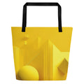 Front view of Lemon Balance Tote Bag (No.02) by Form Finding Design – large yellow designer beach tote with bold geometric layered lemon-yellow panels, 100% polyester body, black cotton webbing handles and modern statement colour-block print from the Lemon Balance Tote Collective.