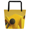 Front view of Lemon Balance Tote Bag (No.03) by Form Finding Design – large yellow designer beach tote with bold geometric layered lemon-yellow panels, 100% polyester body, black cotton webbing handles and modern statement colour-block print from the Lemon Balance Tote Collective.