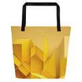 Front view of Lemon Balance Tote Bag (No.05) by Form Finding Design – large yellow designer beach tote with bold geometric layered lemon-yellow panels, 100% polyester body, black cotton webbing handles and modern statement colour-block print from the Lemon Balance Tote Collective.