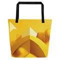 Front view of Lemon Balance Tote Bag (No.07) by Form Finding Design – large yellow designer beach tote with bold geometric layered lemon-yellow panels, 100% polyester body, black cotton webbing handles and modern statement colour-block print from the Lemon Balance Tote Collective.