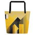 Front view of Lemon Balance Tote Bag (No.08) by Form Finding Design – large yellow designer beach tote with bold geometric layered lemon-yellow panels, 100% polyester body, black cotton webbing handles and modern statement colour-block print from the Lemon Balance Tote Collective.