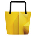 Front view of Lemon Balance Tote Bag (No.10) by Form Finding Design – large yellow designer beach tote with bold geometric layered lemon-yellow panels, 100% polyester body, black cotton webbing handles and modern statement colour-block print from the Lemon Balance Tote Collective.