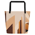 Bottom Brown Tote Bag by Form Finding Design – front view of large brown designer beach tote from the Bottom Brown Tote Collective featuring abstract geometric circles, arches and ribbed lines in warm caramel and cocoa tones, with long black cotton webbing handles, 100% polyester body.